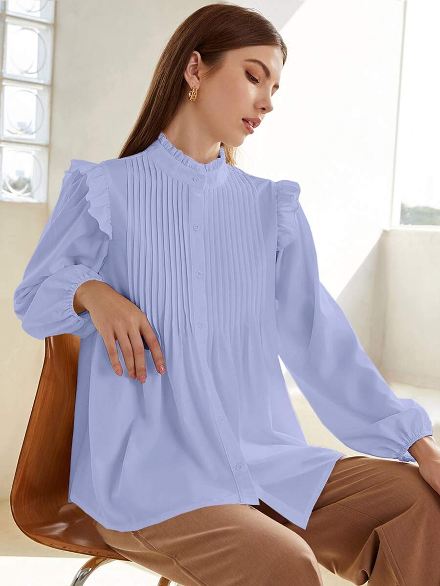 SHEIN Frill Neck Pleated Button Up Blouse - Mauve Purple - View 1