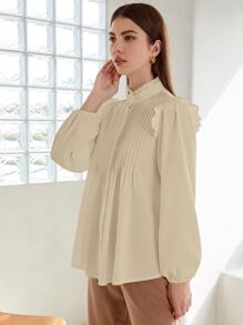 SHEIN 褶邊領百褶紐扣襯衫 - 米色 - 查看 4