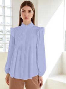 SHEIN Frill Neck Pleated Button Up Blouse - Mauve Purple - View 3