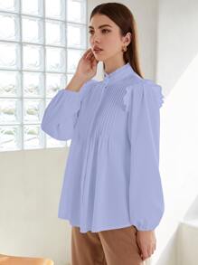 SHEIN Frill Neck Pleated Button Up Blouse - Mauve Purple - View 4