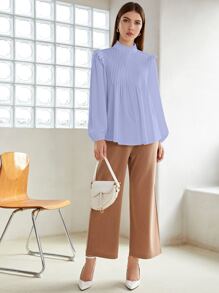 SHEIN Frill Neck Pleated Button Up Blouse - Mauve Purple - View 5