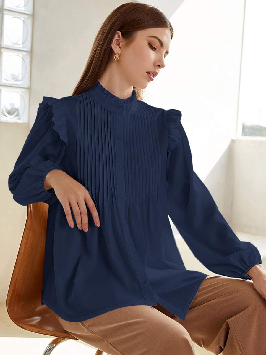 SHEIN Áo sơ mi Xếp li màu trơn Thanh lịch - Màu xanh hải quân - View 1