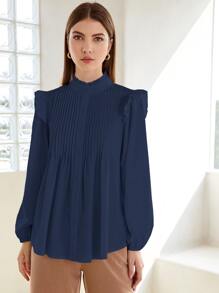 SHEIN Áo sơ mi Xếp li màu trơn Thanh lịch - Màu xanh hải quân - View 3