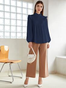 SHEIN Áo sơ mi Xếp li màu trơn Thanh lịch - Màu xanh hải quân - View 4