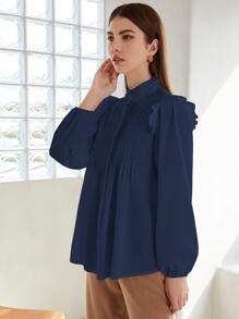 SHEIN Áo sơ mi Xếp li màu trơn Thanh lịch - Màu xanh hải quân - View 5