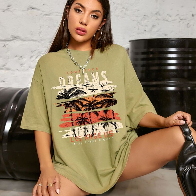 

Slogan Graphic Drop Shoulder Oversized Tee, Green