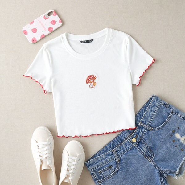 

Mushroom Embroidery Lettuce Trim Crop Tee, White