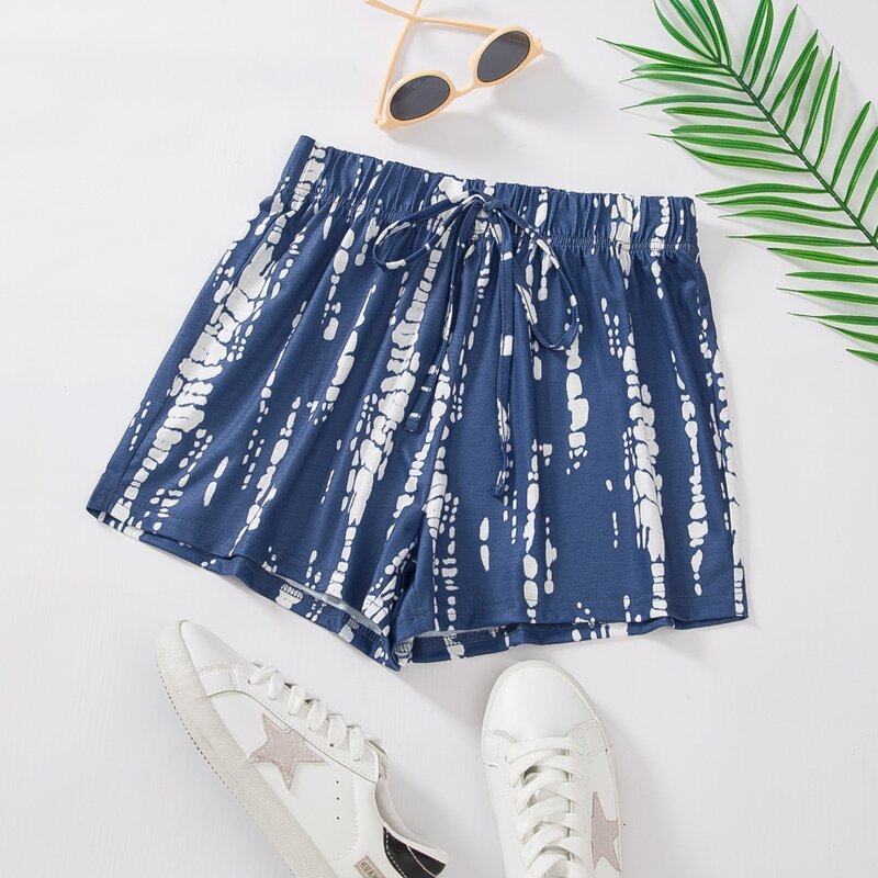 

Graphic Print Knot Front Shorts, Blue and white