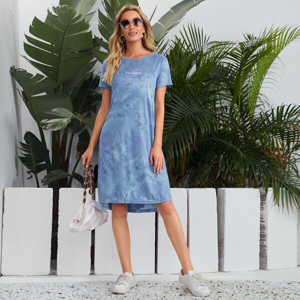 

Slogan Graphic Tie Dye Split Hem Tee Dress, Blue