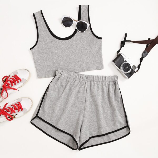 

Contrast Binding Tank Top & Track Shorts, Grey