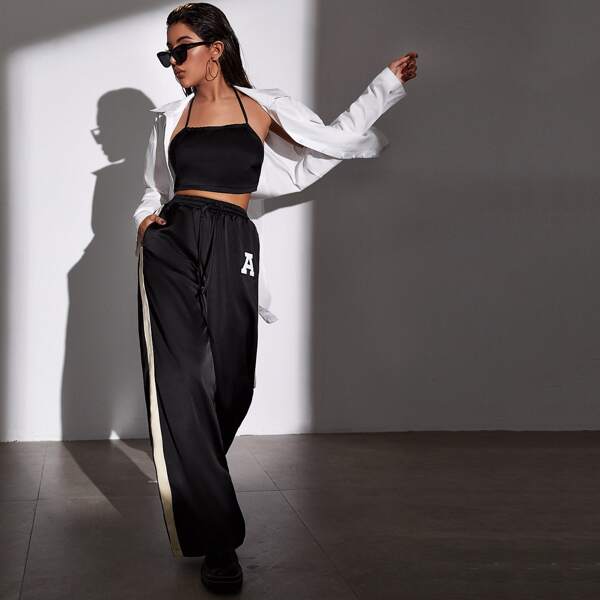 

Contrast Sideseam Letter Embroidered Pants, Black