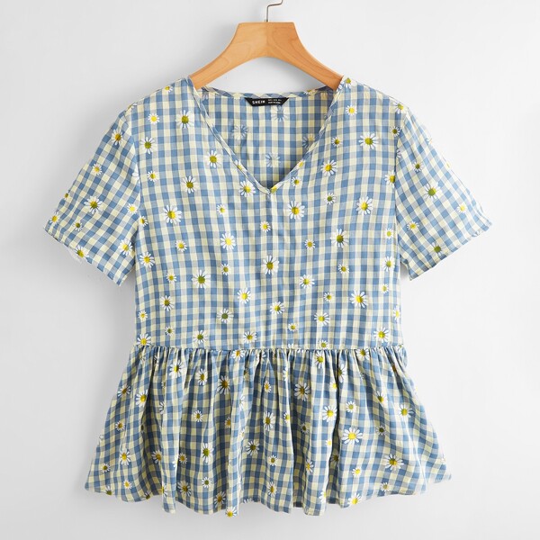 

Daisy Floral & Gingham Print Peplum Top, Multicolor