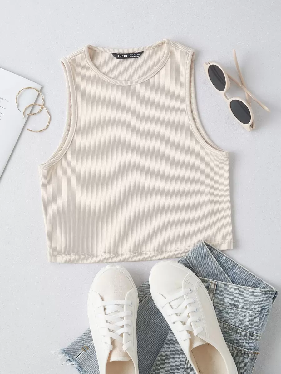 SHEIN Unity Áo hai dây màu trơn Giải trí - Màu be - Xem 1