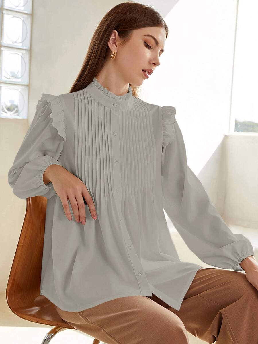 SHEIN Camisa con botón con fruncido de cuello con fruncido - Gris - Ver 1