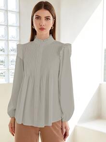 SHEIN Camisa con botón con fruncido de cuello con fruncido - Gris - Ver 3
