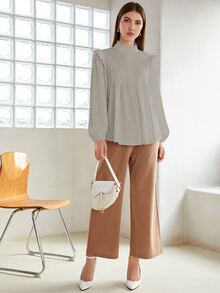 SHEIN Camisa con botón con fruncido de cuello con fruncido - Gris - Ver 4
