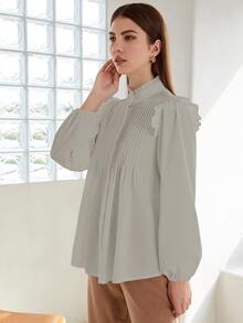 SHEIN Camisa con botón con fruncido de cuello con fruncido - Gris - Ver 5