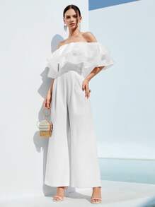SHEIN Privé Mono culottes doblado de hombros descubiertos - Blanco - Ver 1