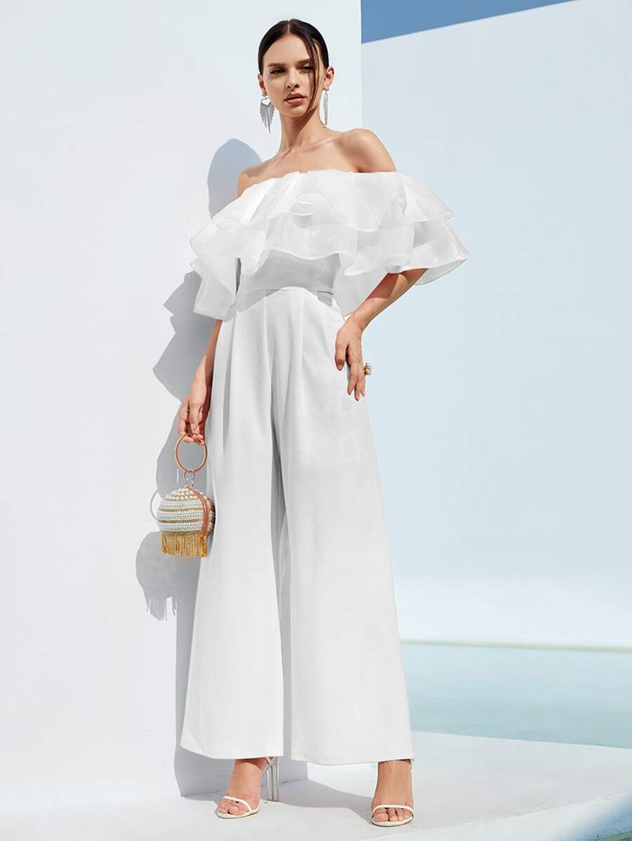 SHEIN Privé Mono culottes doblado de hombros descubiertos - Blanco - Ver 1
