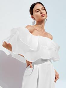 SHEIN Privé Mono culottes doblado de hombros descubiertos - Blanco - Ver 3