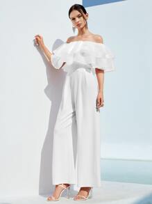 SHEIN Privé Mono culottes doblado de hombros descubiertos - Blanco - Ver 4