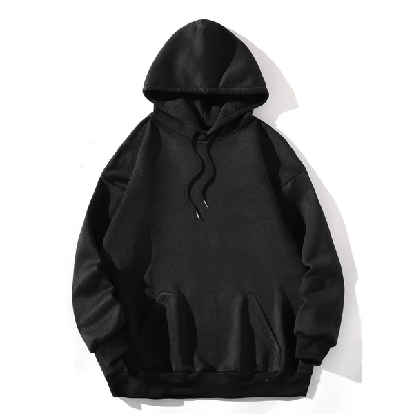 

1pc Kangaroo Pocket Drop Shoulder Drawstring Oversized Hoodie, Black