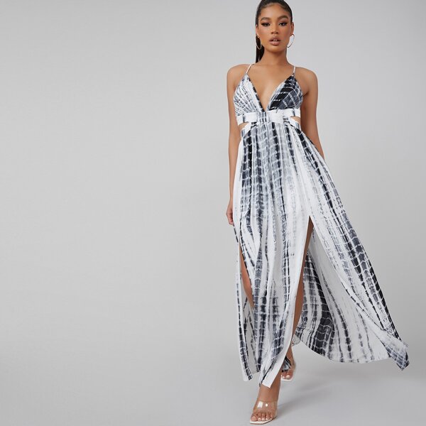 

Tie-Dye Wash Crisscross Open-Back Maxi Dress, Black and white