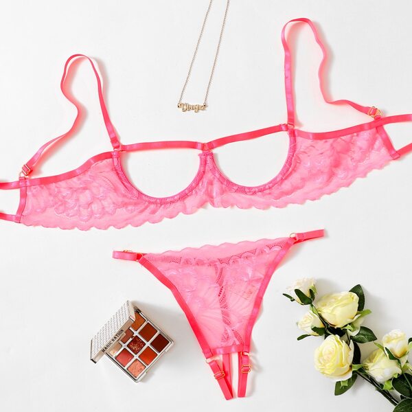 

Floral Lace Cut-out Crotchless Underwire Lingerie Set, Hot pink