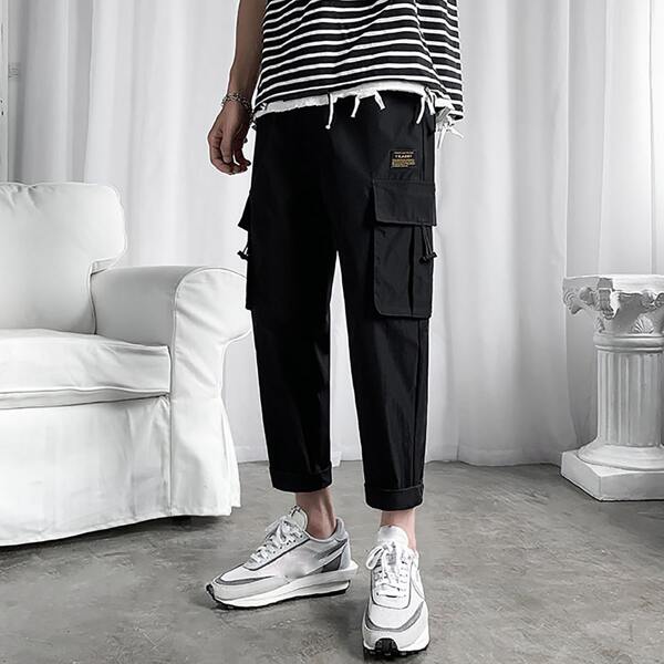 

Men Drawstring Hem Flap Pocket Cargo Pants, Black