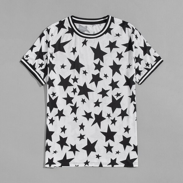 

Men Star Print Stripe Trim Tee, Black and white