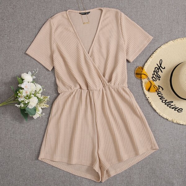 

Surplice Neck Waffle Solid Romper, Apricot
