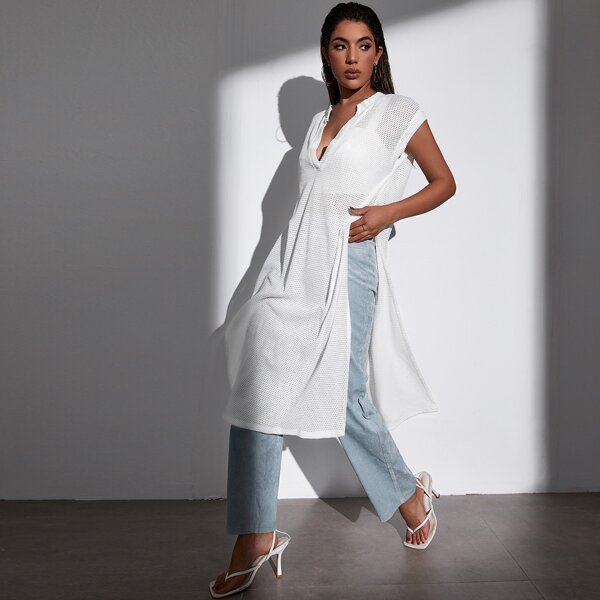 

Notch Neck Slit Side Cover Up, White