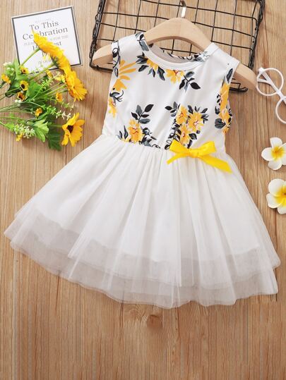 فستان شبكي طبقات بقوس أمامي زهري للبنات الأطفال