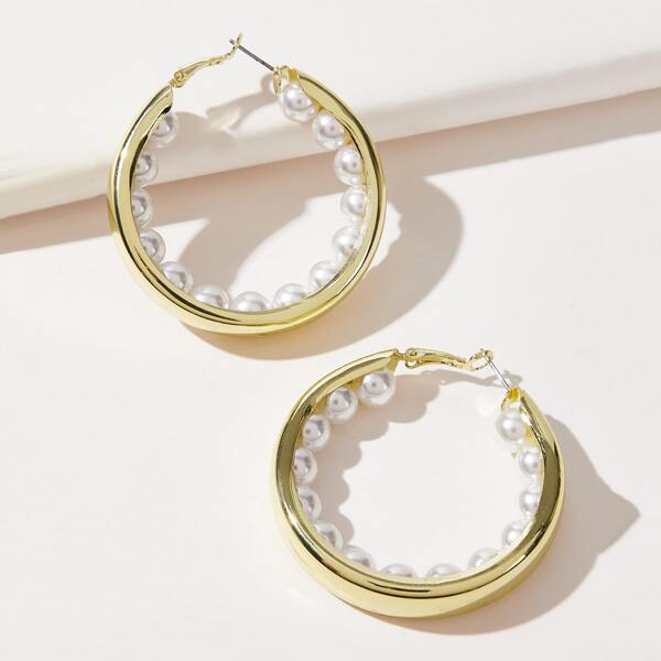 

Faux Pearl Decor Hoop Earrings, Gold