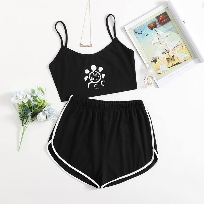 

Moon And Letter Graphic Contrast Binding Cami PJ Set, Black