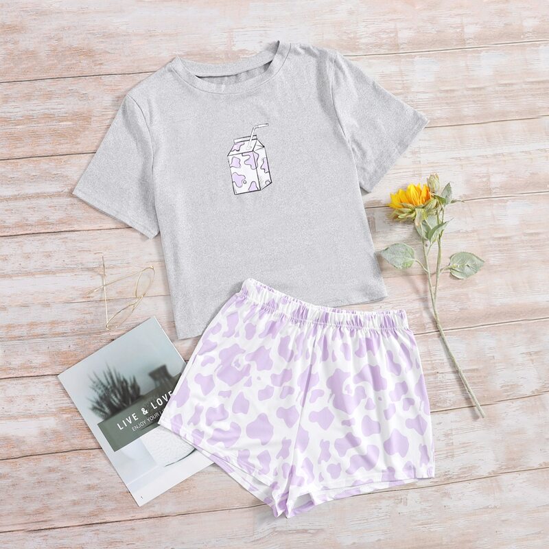 

Cow Print Round Neck Tee & Shorts PJ Set, Multicolor