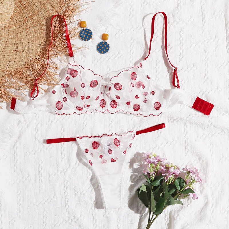 

Embroidered Mesh Underwire Lingerie Set, White