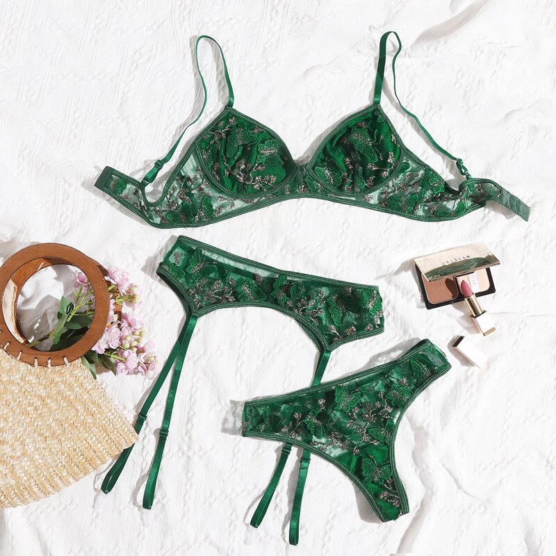 

Embroidered Mesh Underwire Garter Lingerie Set, Dark green