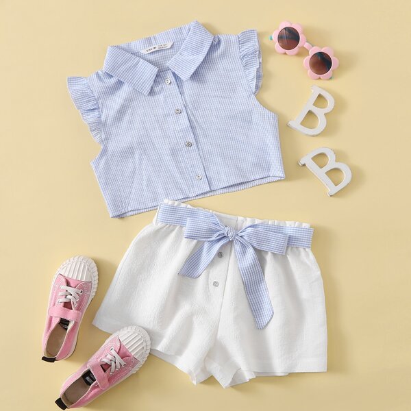 

Girls Ruffle Trim Buffalo Plaid Blouse & Belted Shorts Set, Blue and white