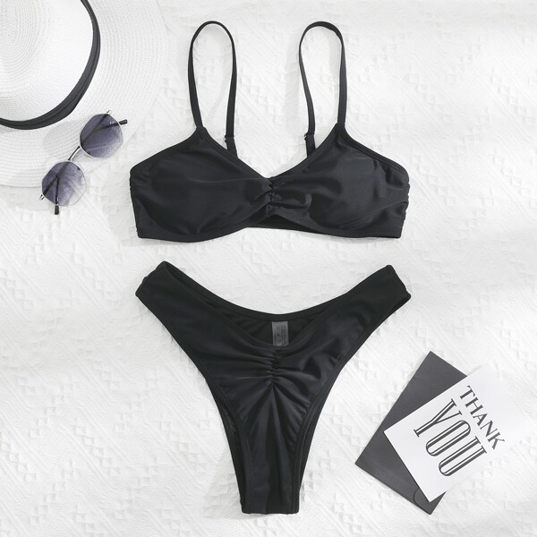 

Ruched High Cut Bikini Swimsuit, Black
