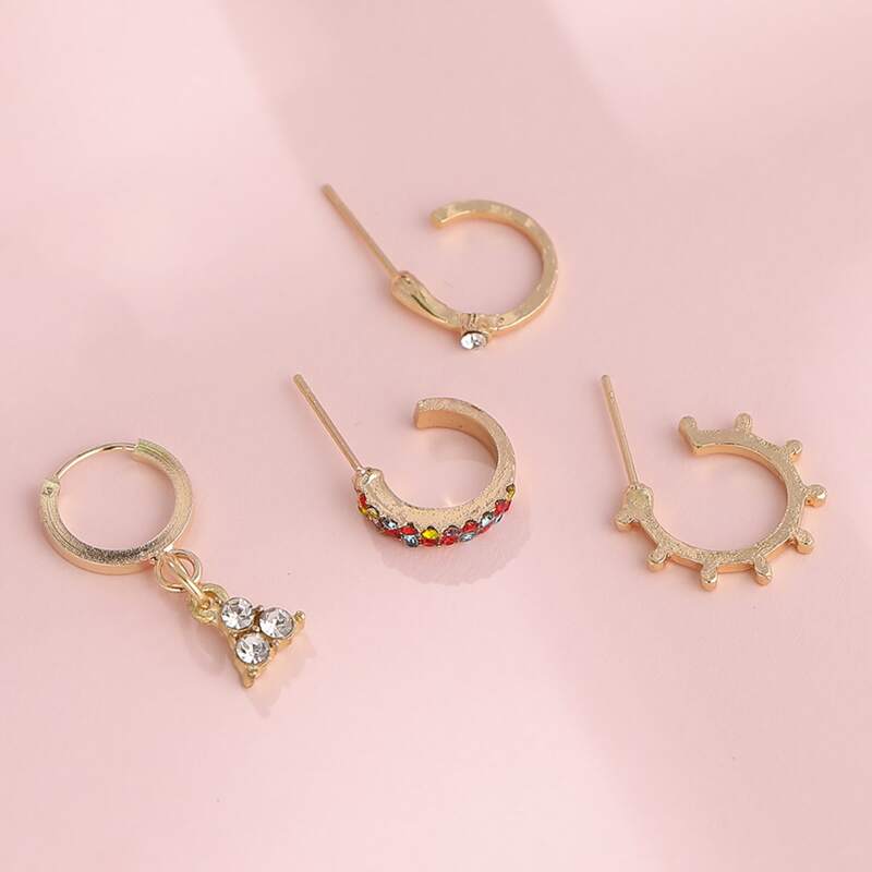 

4pcs Rhinestone Decor Geometric Charm Earring, Gold
