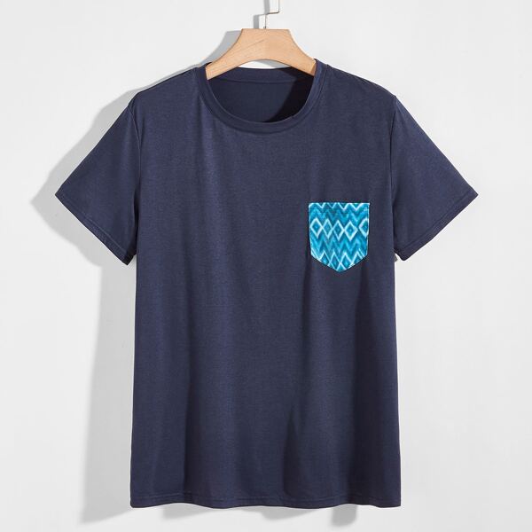 

Men Argyle Print Pocket Short Sleeve Tee, Navy blue