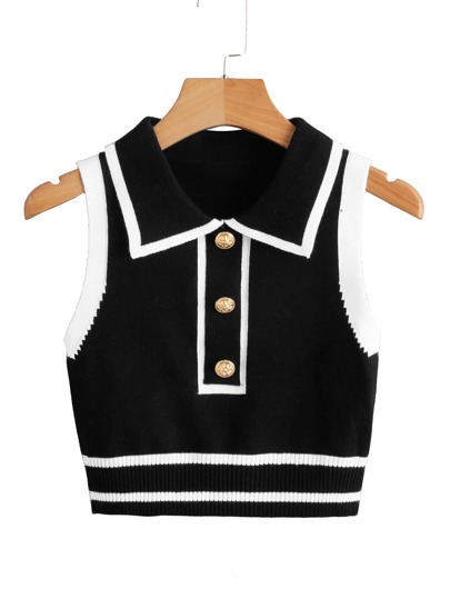 SHEIN ChicEase Chaleco de punto ribete de rayas con botón delantero