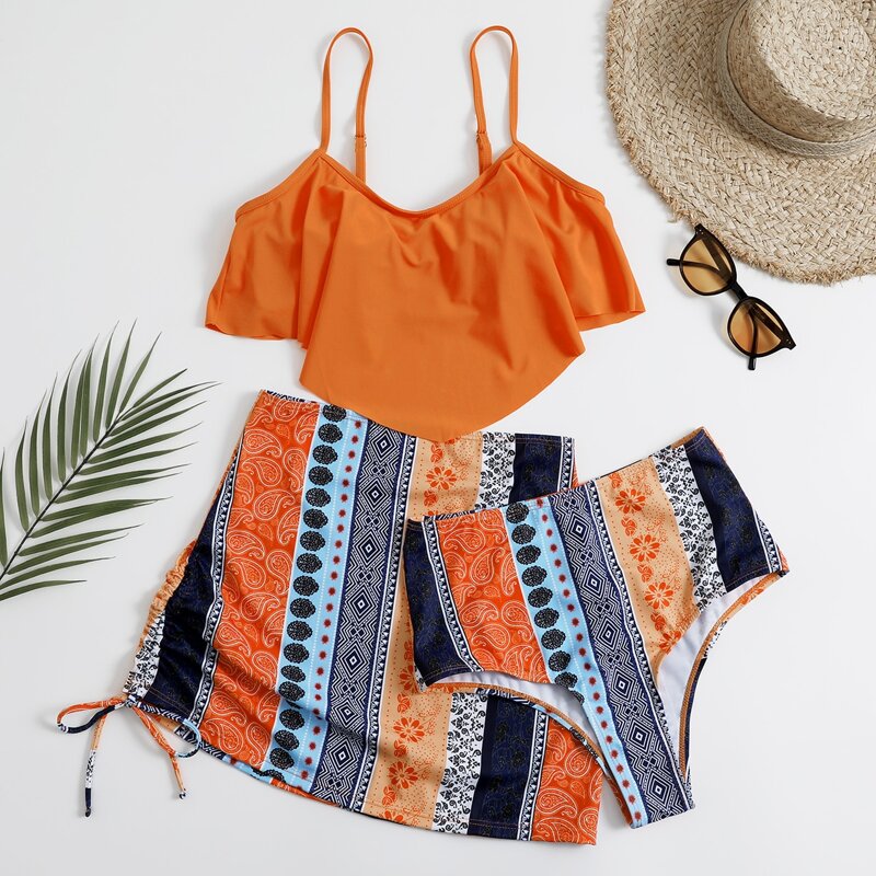 

3pack Floral Hanky Hem Bikini Swimsuit & Beach Skirt, Orange