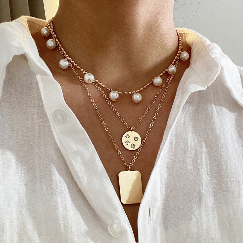

Faux Pearl Decor Geometric Charm Layered Necklace, Gold