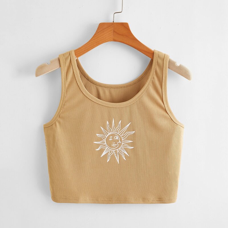

Sun & Moon Graphic Ribbed Tank Top, Brown