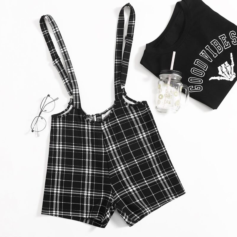 

Plaid Suspender Shorts, Black and white