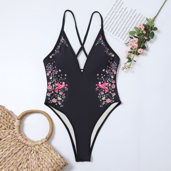 

Ditsy Floral & Bird Print One Piece Swimsuit, Black