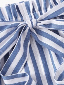 SHEIN VCAY 捲邊下擺自腰帶條紋短褲 - 藍白色 - 查看 5