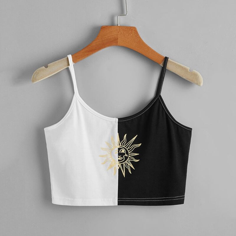 

Two Tone Sun & Moon Graphic Crop Cami, Black and white